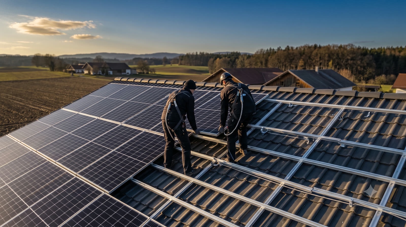 Zwei Monteure von KW Elektro setzen ein Solarmodul auf die Unterkonstruktion eines Ziegeldachs